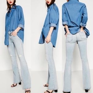 Zara Distressed Flare Wide Leg Broken In Acid Wash
